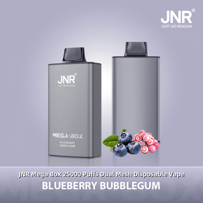 Image promotionnelle de la vape jetable JNR Mega Box au goût Blueberry Bubblegum, présentant son design élégant à côté d'illustrations de myrtilles et de bubblegum sur un fond dégradé violet clair.