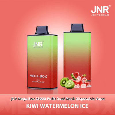 Une image promotionnelle pour la vape jetable JNR Mega Box 25000 Puffs Dual Mesh avec la saveur Kiwi Watermelon Ice, représentée dans un emballage dégradé vert et rouge vibrant avec des images de tranches de kiwi, de morceaux de pastèque et de glaçons, sur un fond rouge.