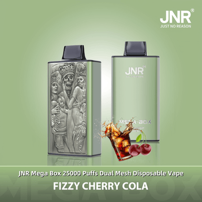 Deux appareils de vapotage jetables de la marque JNR Mega Box sont présentés sur un fond vert, l'un présentant un motif argenté gravé et l'autre une finition lisse ; en dessous se trouve le texte « Fizzy Cherry Cola » accompagné d'une image de cerises et d'un verre de cola.