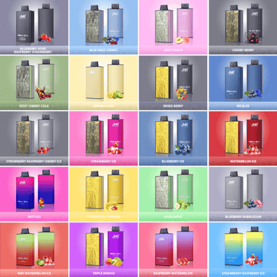 Un présentoir en grille présentant plusieurs produits de vapotage aromatisés, chacun étiqueté avec des noms de saveur et affiché sur des arrière-plans colorés.