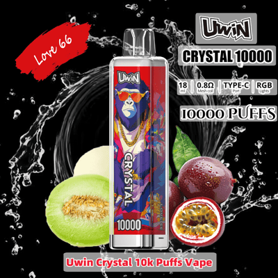 Promotional image featuring the Uwin Crystal 10000 vape device, showcasing a colorful gorilla-themed design, the text advertising 10000 puffs and other specifications, with visual elements including splashes of water and images of sliced melon and passion fruit.