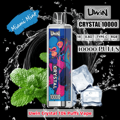 A colorful vape pen with a drawing of a smoking monkey depicted alongside fresh mint leaves and ice cubes against a water splash background, highlighting the product features of 10,000 puffs, a mesh coil, and RGB lights in its 'Miami Mint' flavor.