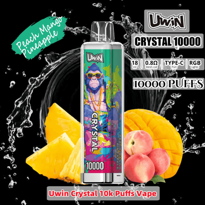 Promotional image featuring the Uwin Crystal 10000 vape, highlighting its 10,000 puff capacity with peach, mango, and pineapple flavors, surrounded by fruit imagery and water splash graphics.