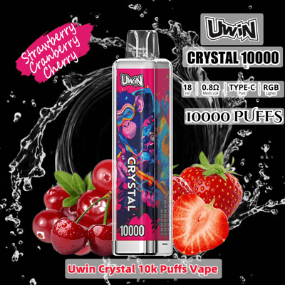 Promotional image showcasing the Uwin Crystal 10000 puff vape device with strawberry, cranberry, and cherry flavor, featuring a colorful design and specifications such as 18ml capacity and RGB lighting.