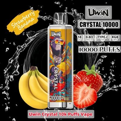 Promotional image for the Uwin Crystal 10000 vape, featuring a colorful design with a gorilla illustration, and highlighting strawberry-banana flavor alongside product specifications like 18ml liquid capacity and 10,000 puffs.