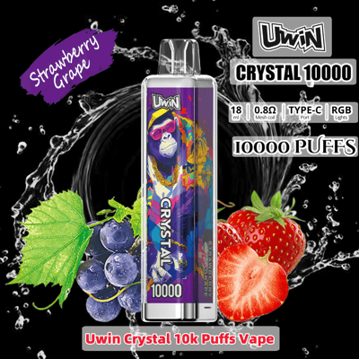 Uwin Crystal 10000 puffs vape in strawberry grape flavor, featuring vibrant packaging with a gorilla design, surrounded by images of strawberries, grapes, and splashing black liquid.