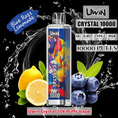 Promotional image showcasing the Uwin Crystal 10000 vape advertising 10,000 puffs and Blue Razz Lemonade flavor, with blueberries, lemon slices, and a splash water effect in the background.