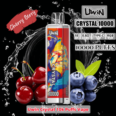 Promotional image showcasing the Uwin Crystal 10000 vape with a Cherry Berry flavor, illustrated with graphics of cherries and blueberries against a dark watery background.
