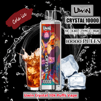 Promotional image depicting the Uwin Crystal 10000 vape device featuring a Cola Ice flavor design, along with visuals of splashing cola and ice cubes against a dark backdrop.