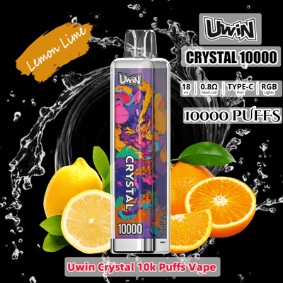 Promotional image showcasing the Uwin Crystal 10000 puffs vape with lemon lime flavor, highlighting features like 18ml capacity, mesh coil, Type-C port, and RGB lights, surrounded by fresh citrus imagery against a black background.