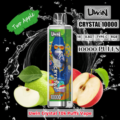 Promotional image of the Uwin Crystal 10000 vape in Two Apple flavor, featuring a green and red apple design with text highlighting 10,000 puffs and various technical specifications.