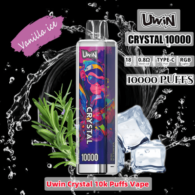 A promotional image for the Uwin Crystal 10000 puff vape device, featuring a colorful design, a vanilla ice flavor label, and specifications like 18ml liquid capacity, 0.8 ohm mesh coil, and RGB lights, with ice cubes and herbs as visual elements.
