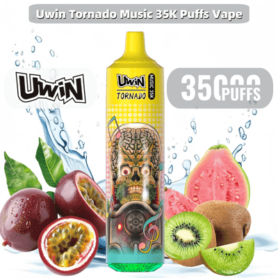 A Uwin Tornado Music 35K Puffs vape device decorated with a retro-style skull design surrounded by fresh fruits like guava, kiwi, and passion fruit, accompanied by fanfare imagery including musical notes and splashing water effects.