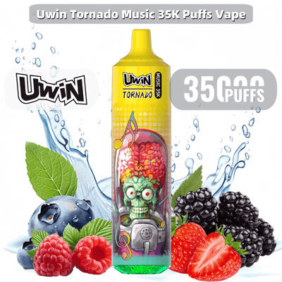 Promotional image for the Uwin Tornado Music 35K Puffs Vape featuring a colorful vape device with a zombie-themed design, surrounded by water splashes, blueberries, raspberries, strawberries, blackberries, and mint leaves, highlighting its vibrant and playful branding.