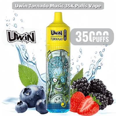 Uwin Tornado Music 35K Puffs Vape featuring a colorful design with a stylized brain graphic, surrounded by water splashes and berries like blueberries, blackberries, and strawberries.