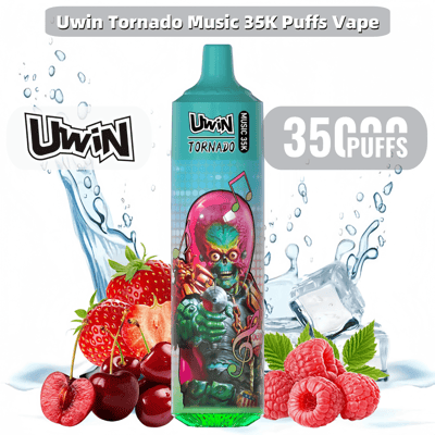 Promotional image of the Uwin Tornado Music 35K Puffs Vape, featuring vibrant graphic art on the vape device, surrounded by fruits like strawberries, cherries, and raspberries on a background with water splashes and ice cubes, showcasing flavor and freshness.