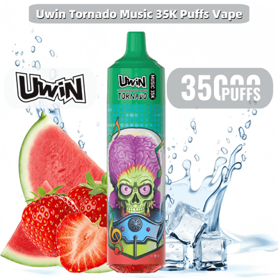 Uwin Tornado Music 35K Puffs Vape featuring a colorful design with a green and purple alien-like skull and background graphics, displayed alongside images of watermelon slices, strawberries, and ice cubes, emphasizing the product's fruity and refreshing themes.