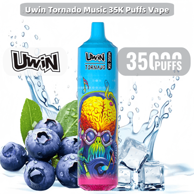 A colorful vaping device branded 'Uwin Tornado Music 35K' surrounded by fresh blueberries, ice cubes, and water splashes, highlighting its flavor theme.