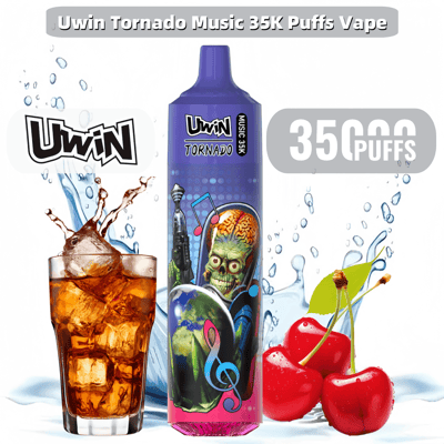 Promotional image of Uwin Tornado Music 35K Puffs Vape, featuring product design with a colorful alien theme, alongside cherries, a cola glass, and water splash indicating flavors and attributes.