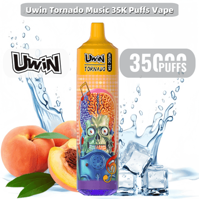 Colorful vape pen with music-themed design, featuring a brain motif and vivid colors, surrounded by peach and ice cube imagery, highlighting flavor and freshness.