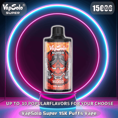 Reklambild av VapSolo Super 15K Puffs vape med en djärv design med en röd demongrafik och neoncirkulär bakgrund.