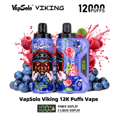 Image promotionnelle du VapSolo Viking 12K Puffs Vape présentant deux appareils de vapotage au design saveur myrtille framboise, entourés de baies fraîches et affichant des fonctionnalités telles que des indicateurs numériques de puissance et d'e-liquide.