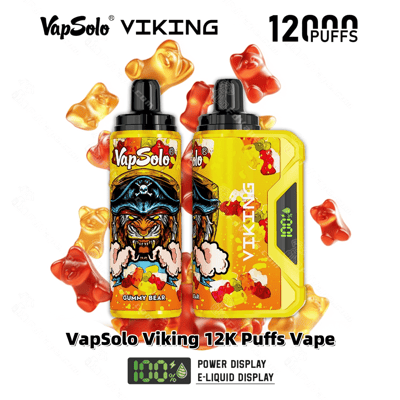 Image promotionnelle présentant les produits Vape VapSolo Viking 12K Puffs dans un design au goût d'ours en gélatine avec un emballage jaune vif, ainsi que des fonctionnalités telles que la puissance et l'affichage du e-liquide mis en évidence.