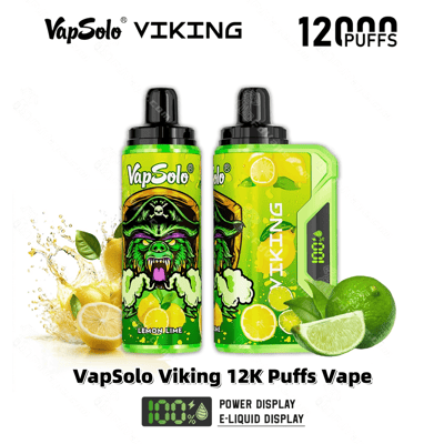 Image promotionnelle pour l'appareil de vapotage VapSolo Viking 12 000 bouffées au goût de citron vert et de citron, présentant un design de style dessin animé et une fonction d'affichage de la puissance.