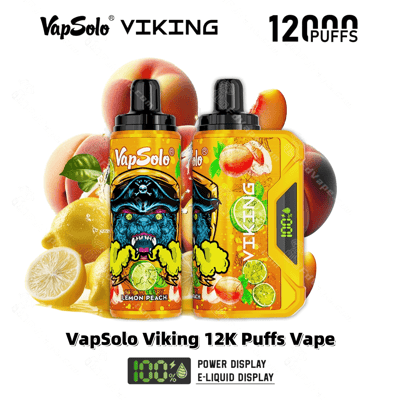 Image promotionnelle montrant les vapes VapSolo Viking 12K Puff avec un emballage vibrant, des images de fruits comme des fraises, des citrons et des pêches, ainsi que des caractéristiques du produit, notamment des indicateurs d'affichage de e-liquide et de puissance.