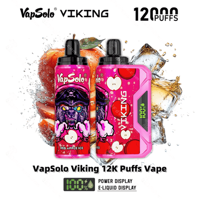 Graphique promotionnel pour VapSolo Viking 12K Puffs Vape présentant deux appareils de vape colorés avec un thème de saveur de glace à la pomme rouge, entourés d'images glacées et fruitées, mettant en valeur la puissance et les fonctionnalités d'affichage du e-liquide.