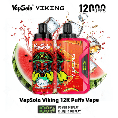 Vape VapSolo Viking 12K Puffs avec saveur Watermelon Ice, design audacieux avec un corps rouge vif et indicateurs d'affichage de puissance et d'e-liquide.