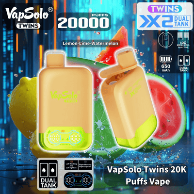 Image promotionnelle présentant l'appareil de vapotage VapSolo Twins avec deux réservoirs, une capacité de 20 000 bouffées et une saveur citron-citron vert-pastèque, avec des points forts détaillés du produit et des visuels de fruits vibrants en arrière-plan.