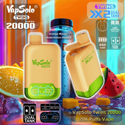 Image promotionnelle présentant la vape jetable VapSolo Twins 20000 avec une conception à double réservoir, avec des images d'orange et de citron pour la représentation de la saveur.