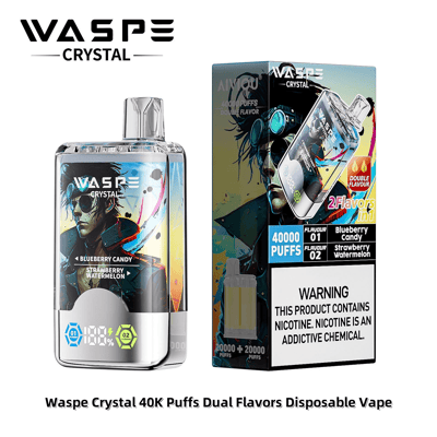 Waspe Crystalの使い捨てベイプデバイスの製品写真。4万回吸引可能で、ブルーベリーキャンディとストロベリーウォーターメロンの2種類のフレーバーが揃っています。画像にはベイプデバイスとカラフルなパッケージが写っており、パッケージにはニコチン中毒に関する警告が記載されています。