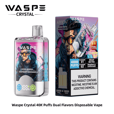 Waspe Crystal 使い捨てベイプのパッケージとデバイス。ミックスベリーとラズベリーレモネードの 2 つのフレーバーを特徴とし、40,000 回の吸引が可能です。