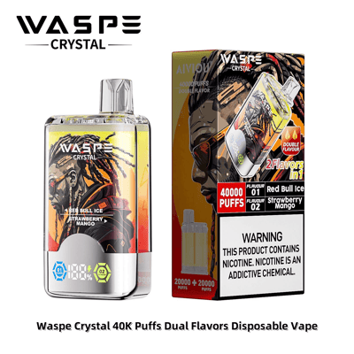 Red Bull Ice と Strawberry Mango の 2 つのフレーバーを備えた Waspe Crystal 40K Puffs 使い捨て vape のパッケージと製品、およびニコチン使用に関する警告。