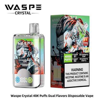 Waspe Crystal 使い捨てベイプとそのパッケージの画像。40,000 回の吸引が可能であること、ストロベリー キウイとストロベリー チェリーの 2 つのフレーバー、およびニコチン含有量に関する警告が強調されています。