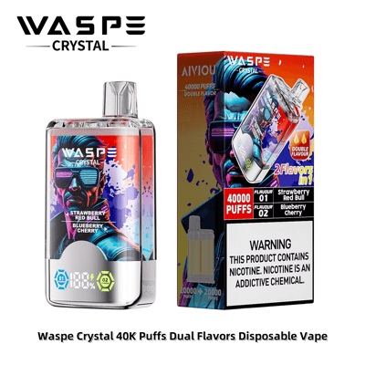 Wasp Crystal の使い捨て vape デバイスとパッケージ。ストロベリー レッドブルとブルーベリー チェリーの 2 つのフレーバーが特長で、40,000 回の吸引回数とニコチンに関する警告がテキストで記載されています。