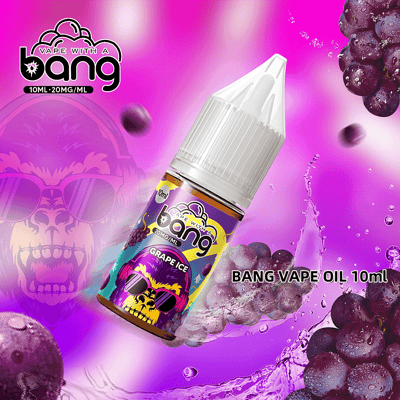 A promotional image featuring a 10ml bottle of Bang Vape Oil in Grape Ice flavor, against a vibrant purple backdrop with grape and splash elements.