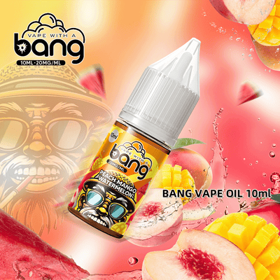 Bang Vape Oil 10ml in Peach-Mango-Watermelon flavor, displayed in vibrant packaging alongside fruity images of peaches, mangoes, and watermelon against a lively orange background.