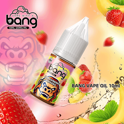 Promotional image featuring a 10ml bottle of Bang Vape Oil in Strawberry Banana flavor, surrounded by graphic elements like strawberries, bananas, and splashes of liquid on a gradient background.