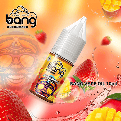 A promotional image showcasing a bottle of Bang brand vape oil in Strawberry Mango flavor with vibrant strawberries and mango slices in the background.