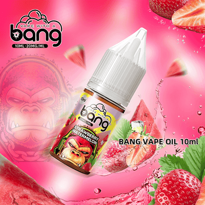 Promotional image of Bang vape oil, featuring a 10ml bottle labeled 'Strawberry Watermelon,' with fruit imagery and branding on a pink background.