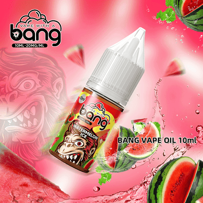 Product image of Bang Vape Oil, Watermelon Ice flavor, featuring a colorful label with a stylized design, surrounded by watermelon imagery on a vibrant pink background.