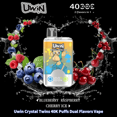 Promotional image of the Uwin Crystal Twins 40K puffs dual-flavor vape featuring cherry ice and berry flavors, decorated with water splashes, cherries, blueberries, raspberries, and the device showing a colorful design with a monkey illustration.