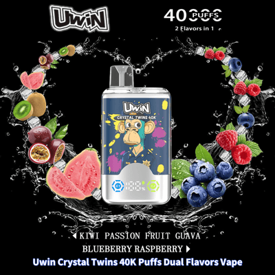Advertisement for the UWIN Crystal Twins 40K Puffs Dual Flavors Vape featuring a digital display and vibrant fruit designs, with flavors including Kiwi Passion Fruit Guava and Blueberry Raspberry.
