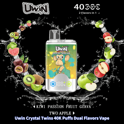Promotional image for the Uwin Crystal Twins vape featuring dual flavors of kiwi passion fruit guava and two apple, with a sleek design and vibrant monkey artwork on the device against a dynamic fruit and splash background.
