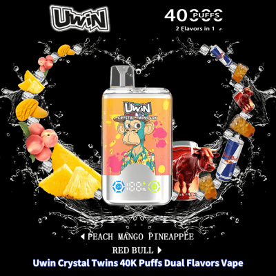 Promotional image featuring Uwin Crystal Twins 40K Puffs electronic vape device with dual flavors: Peach Mango Pineapple and Red Bull. The vape device is central, surrounded by splashes of fruity visuals and branded elements.