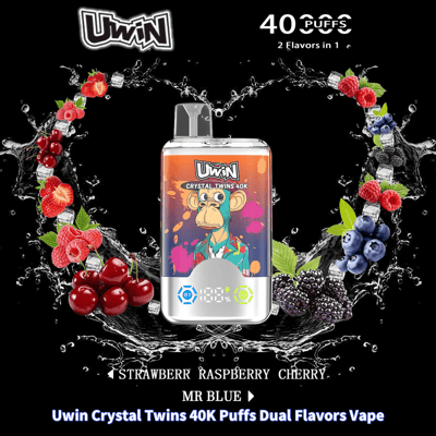 Promotional image of Uwin Crystal Twins 40K Puffs Dual Flavors Vape featuring flavors Strawberry Raspberry Cherry and Mr Blue, with a colorful design and fruit illustrations.