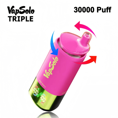 A pink VapSolo TRIPLE vaping device with a curved mouthpiece and highlighted features, designed to provide 30,000 puffs, shown with colorful arrows and a polished exterior.